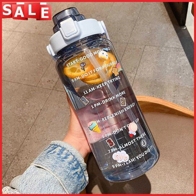 Water Bottle Cup Sport Straw Drinking Jug with Time Scale Stickers (Blue)