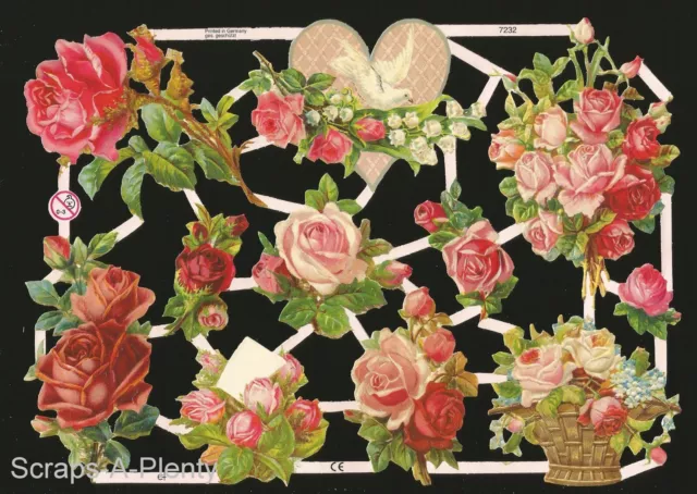 German Embossed Vintage Style Scrap Die Cut - Valentine Heart Rose Flower EF7232