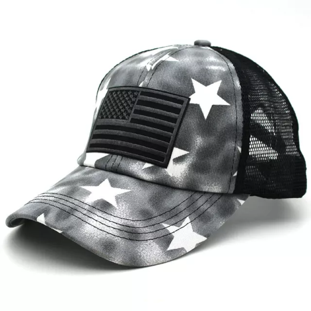 Ponycap Messy High Bun Ponytail Adjustable US Flag Mesh Trucker Baseball Cap Hat