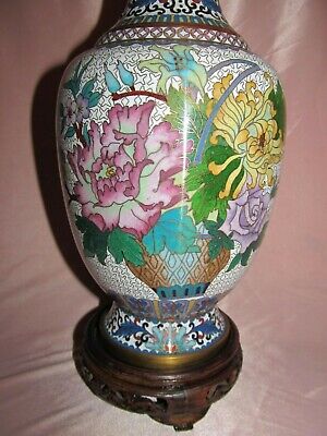 Vase Enamel Cloisonne Decor Flowers Chrysanthemums And Support Wood China 3