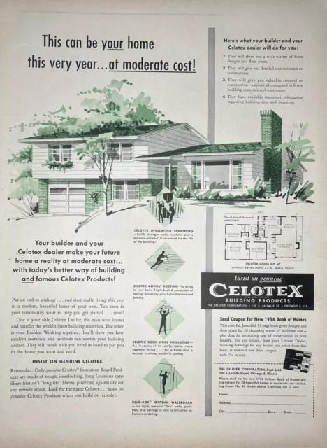 Vintage Print Ad 1956 Celotex Building Products House Plans Retro Man Cave MCM