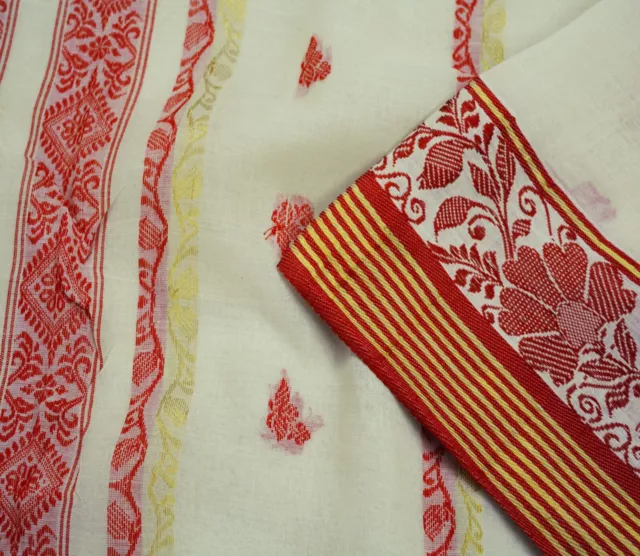 Vintage Off-White Saree Pure Cotton Hand Woven Indian Sari Fabric 5Yard Zari 3