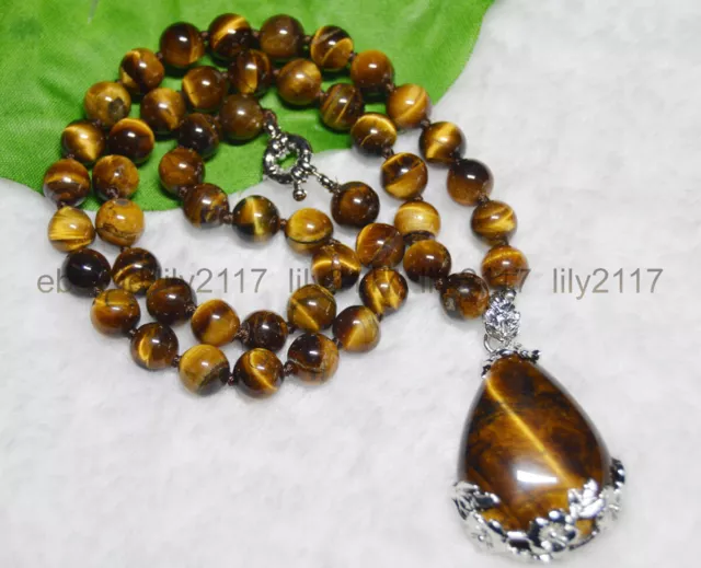 Genuine Natural Yellow Tigers Eye Round Gemstone Beads Teardrop Pendant Necklace