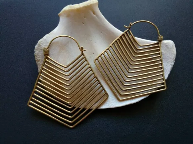Large Gold Plated Vintage Afghani Brass Hoops Boho Tribal Mandala Earrings Vvs1