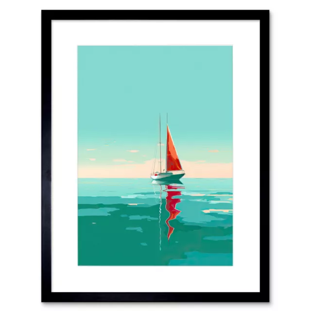 A Sailboat with a Red Sail Sailing on a Calm Sea Framed Wall Art Print 9X7 In