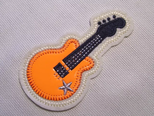 ÉCUSSON PATCH BRODÉ thermocollant - GUITARE ORANGE MUSIQUE ** 5,5 x 10 cm **