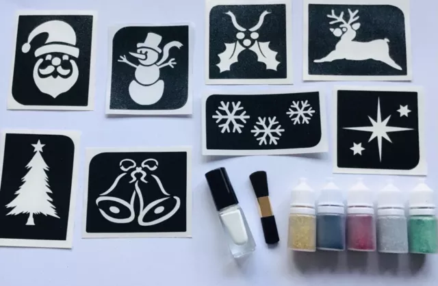 Kit Tatouage Paillettes De Noël Pochoirs/Tampons/Colle Noël Santa Snowman Rennes