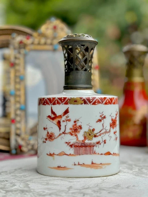 Lampe Berger Ancienne - Porcelaine Dorée Et Rouge - Complète - France