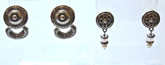 Brighton Pierced Earrings Two Pairs Silver Tone Pearl Drop and Concho Button