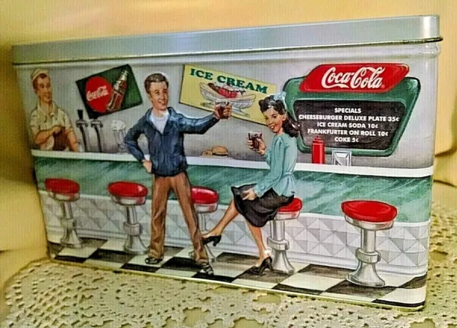 Coke Tin With Lid Rectangular Coca Cola Soda Fountain 3D Relief Tin Box Co 1997.