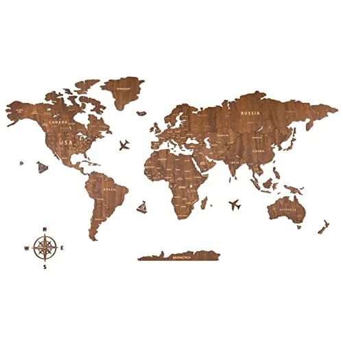 Wooden World Travel Map Wall Art Walnut Wood Wall Map for Living Room 59x34 Inch
