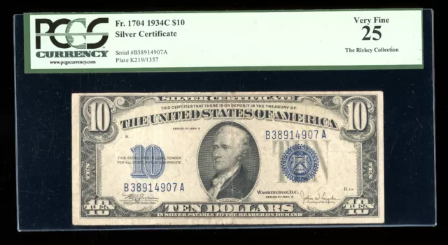 DBR 1934-C $10 Silver Fr. 1704 PCGS 25 Serial B38914907A