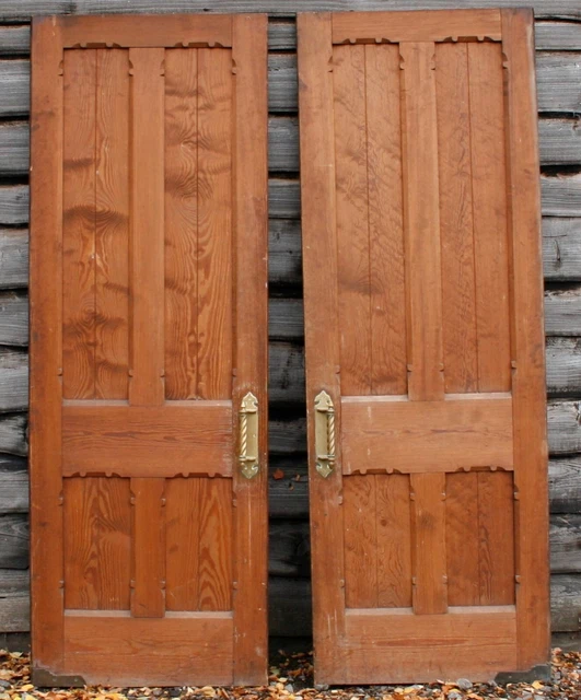 Pair of Antique Reclaimed Pitch Pine Church Doors with decorative brass handles