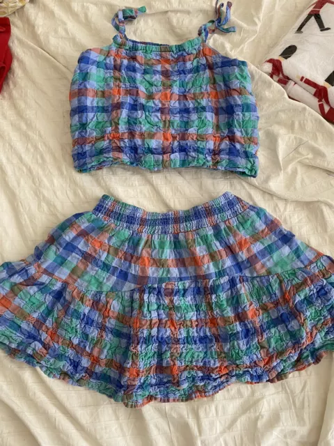 SEED Girls Set Size 8 Summer Blue Gingham Cotton Skirt And Top Excel Cond