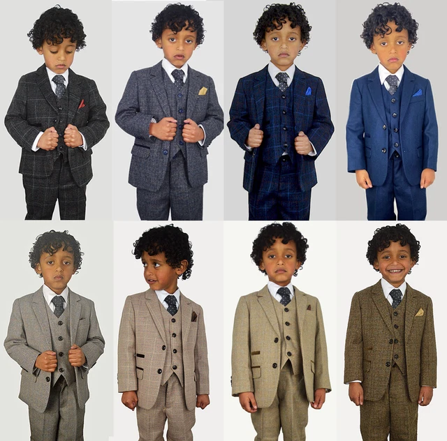 Boys Premium Kids Childrens Tweed Check Wedding Peaky Blinders 3 Piece Suit 1-15