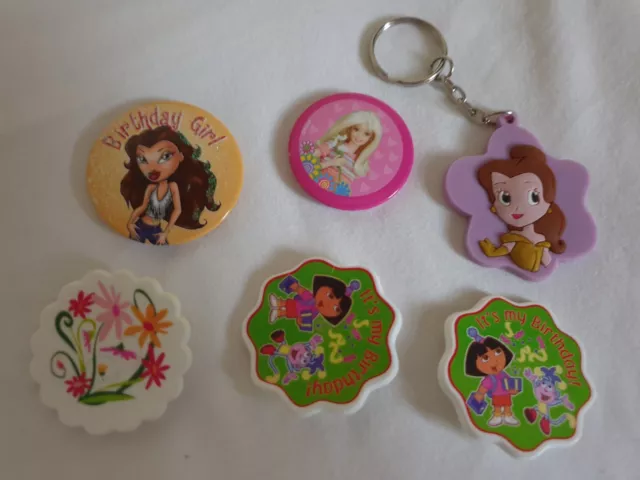 Job Lot Badges Pins Bratz, Barbie, Dora the explorer And Disney's Belle keyring