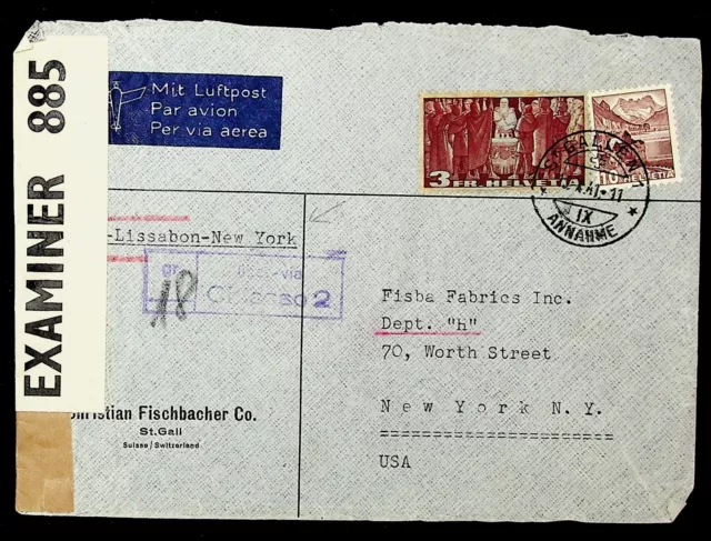 SEPHIL SWITZERLAND 1941 WWII 2v ON CENSORED AIRMAIL COVER ST. GALLEN TO NY USA