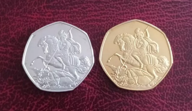 St. George & The Dragon, Pair Of Novelty 50p Style Coins. NOT LEGAL TENDER.