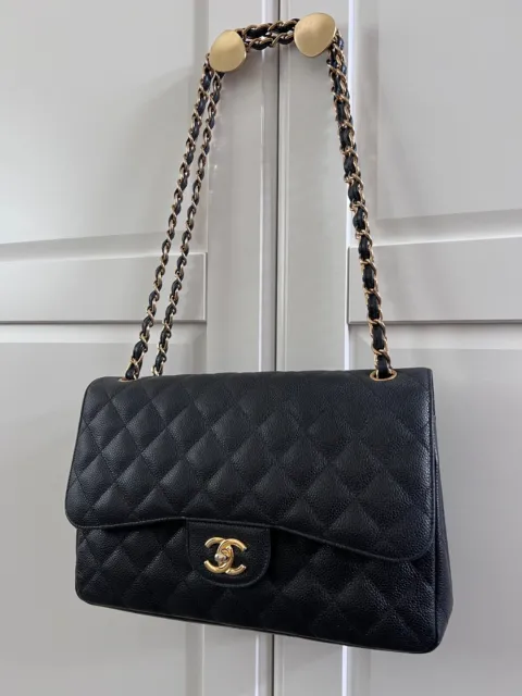 CHANEL CLASSIC JUMBO Double Flap Bag, Black Caviar Leather