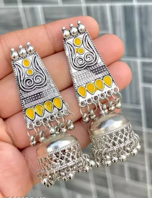 Pendientes Afgani oxidados de plata estilo Bollywood tradicional indio...