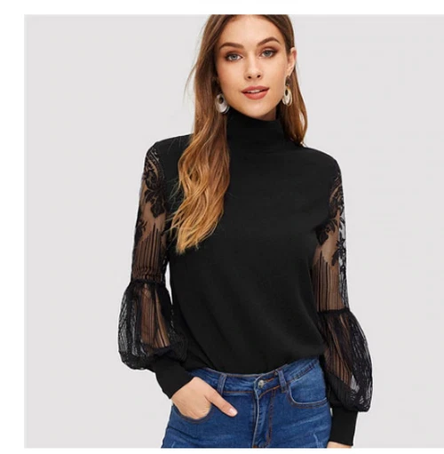 PULL NOIR SHEIN femmes col haut dentelle manches haut à la mode