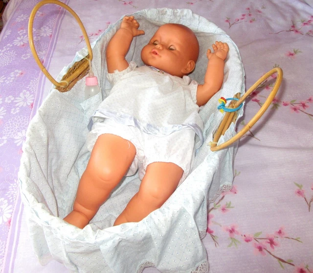 Large 20 inch Soft Bodied Baby Doll - Opening Blue Eyes + Moses Basket