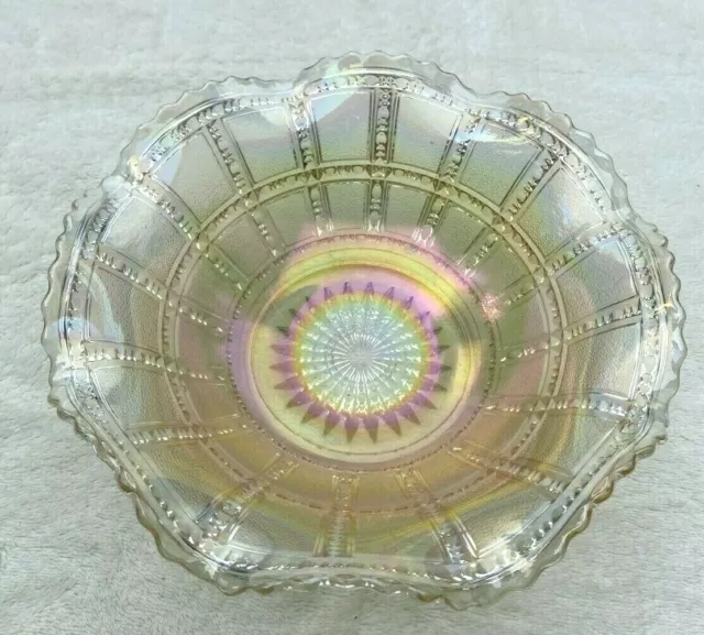 Imperial Iridescent BLOCK Clambroth Carnival Glass Ruffled Deckled 7.5" Bowl VTG