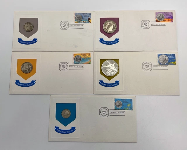 1973 British Virgin Islands First Day of Issue Stamp and Coin Set Lot of 5