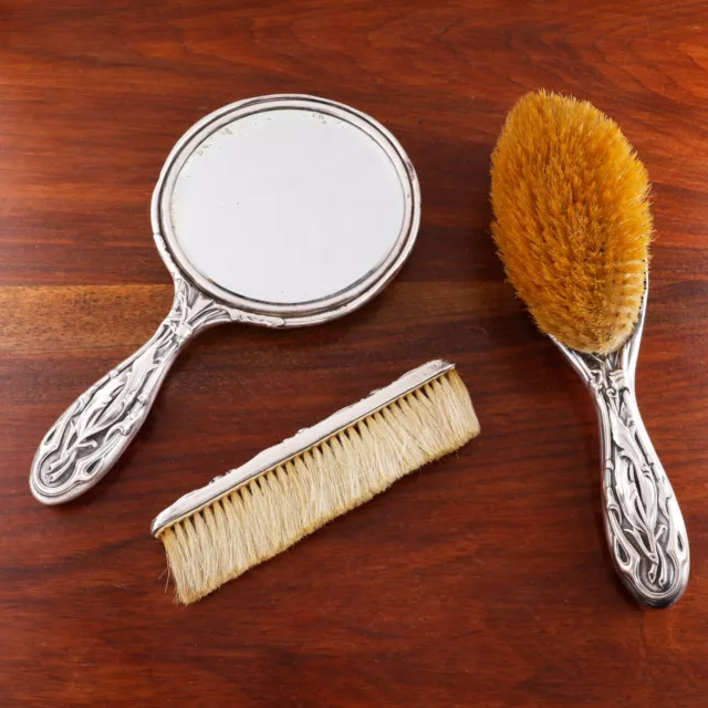 Unger Bros Art Nouveau Sterling Silver 3Pc Grooming Set Floral No Monogram