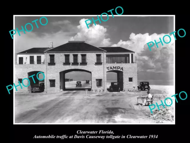 Old Large Historic Photo Of Clearwater Florida The Davis Causeway Tollgate 1934