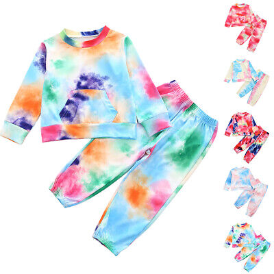Toddler Girls Casual Tie-Dye Long Sleeve Outfits Tops Trousers Kids Clothes Set