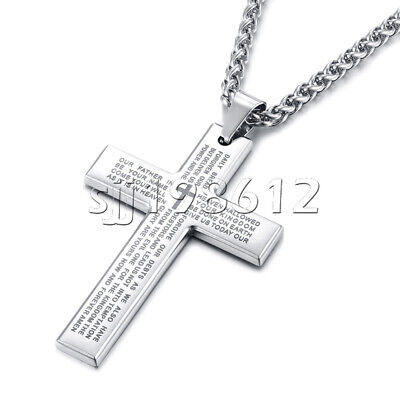 Men's Gold Plated Cross Necklace Stainless Steel Lord's Prayer Pendant Necklace