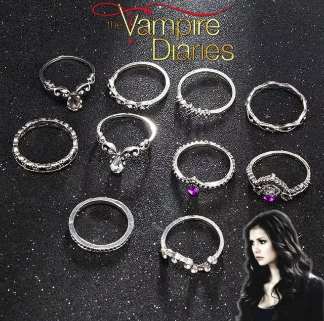 The Vampire Diaries: Silver  Amethyst/Zirconia/Pearl, Gothic 10 Piece Ring Set