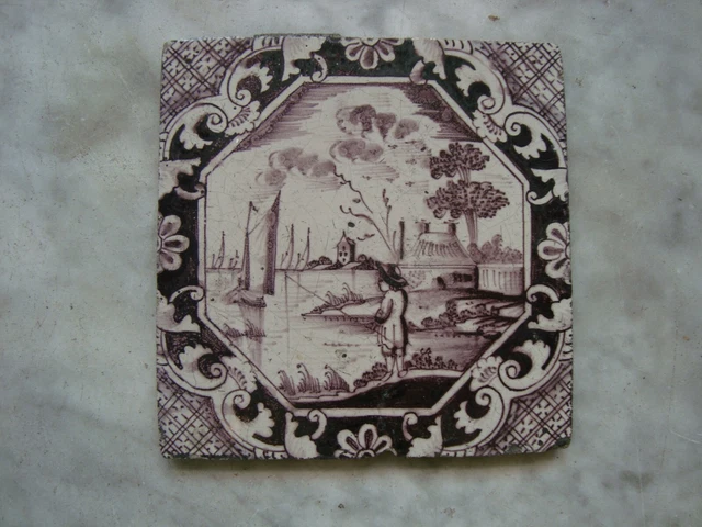 rare18th century delft dutch delftware tile fisherman ,fishing sport