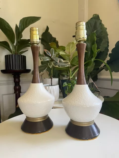 Vintage Mid Century Danish Ceramic And Walnut Pair Of Lamps