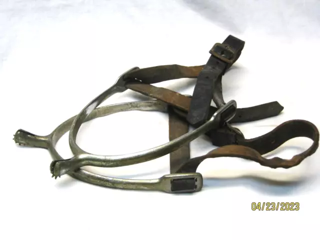 ANTIQUE HUCK VERCHROMT BRASS PLATED SPURS STEEL ROWEL & LEATHER STRAPS Signed PR
