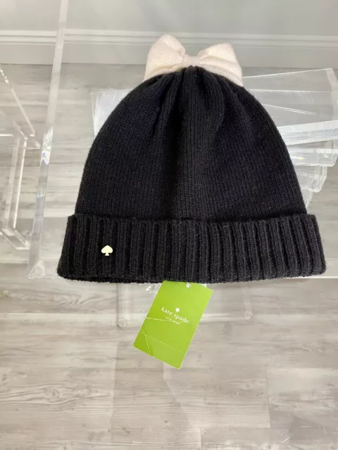 Kate Spade New York women's Black White knit winter Beanie Hat w/ bow Gold Stud