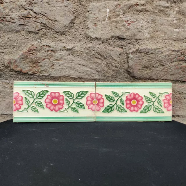 1940s Vintage Architecture Furniture Tile 2 Pc Floral Majolica Art Nouveau Japan