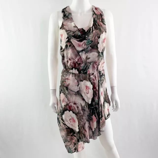 Haute Hippie Size XS Pink Floral Asymmetrical Cowl Neck Mini Silk Dress