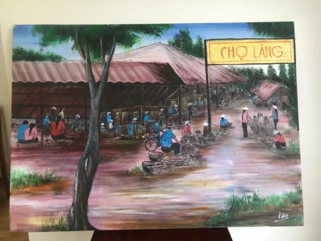 Vietnamese Oil Painting Signed 'Cho Lang' Village Market in the Countryside