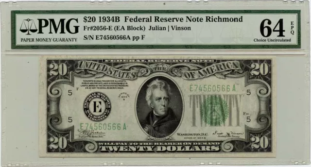 1934B $20 Federal Reserve Note Richmond FR#2056E PMG CU64 EPQ