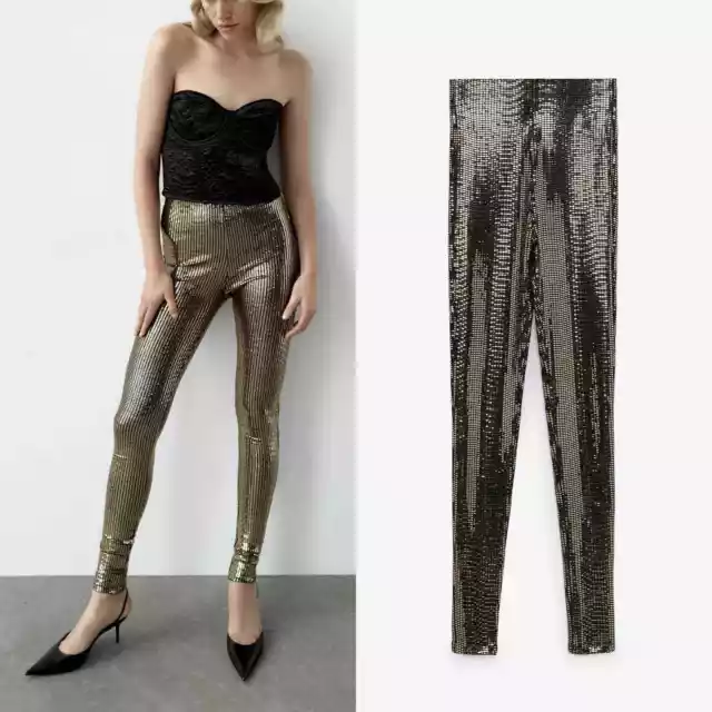 ZARA NEW WOMAN HIGH-WAIST SPARKLY LEGGINGS PANT TROUSERS GOLDEN