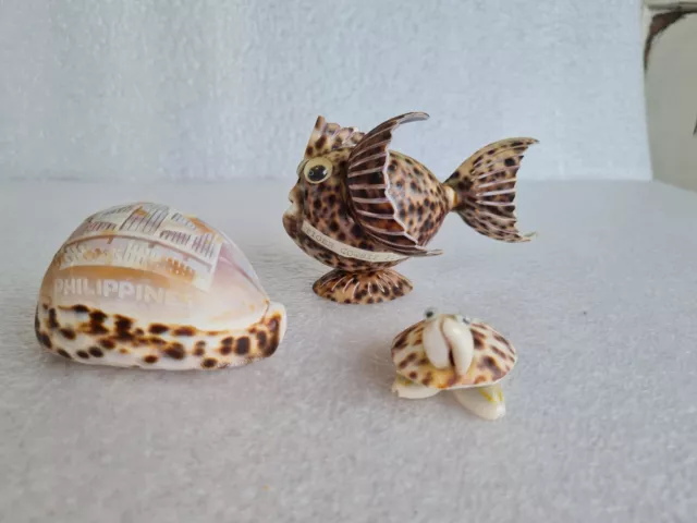 3 Seashell Ornaments - Carved Animals - Tiger Cowrie Fish