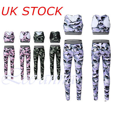 Kids Girls Sports Tracksuit Outfit Camouflage Running Yoga Tops Pants Clothes