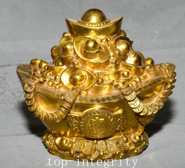 7.8'' Old China Dynasty Palace Bronze Wealth Yuanbao Money Coin Ruyi Statue