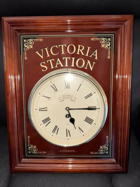 Victoria Station London Wall Clock Battery Wood Brass Round 30cm