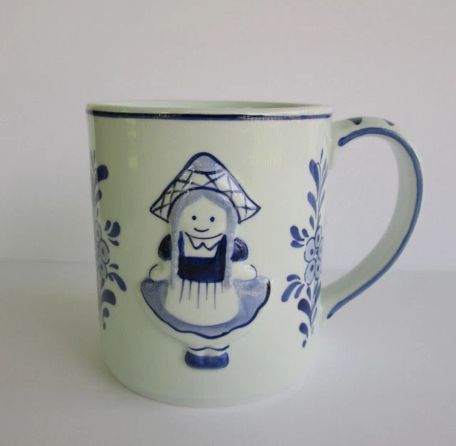 BOSMAN Hand Painted Delfts & Blauw Holland Raised DUTCH GIRL Coffee Cup Mug