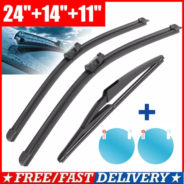 3PCS For Fiat 500 Ford KA Front & Rear Windscreen Wiper Blades 24"/14"/11" Set