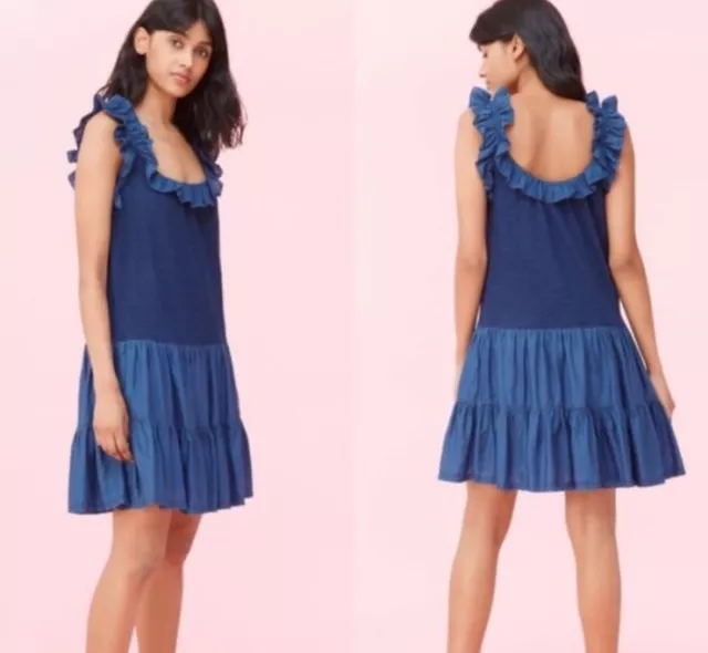 La Vie Rebecca Taylor Ruffle Detail Mix Media Cotton Dress XL  Blue Midi Dress