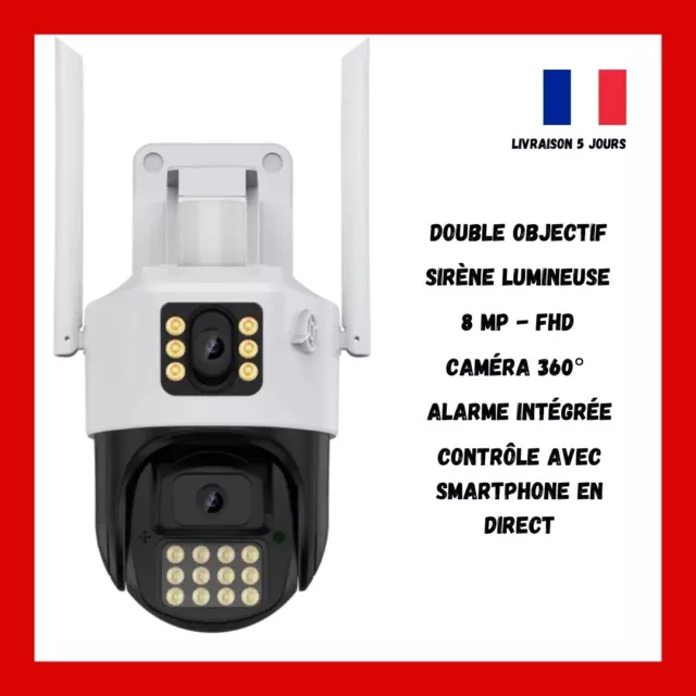 Caméra surveillance extérieure wifi - Double objectif 4K, FHD - Sécurité maison